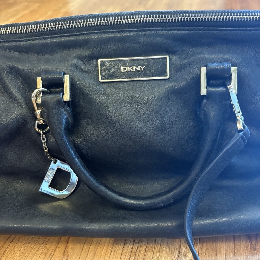 DKNY Black Genuine Leather Satchel Shoulder Handbag Silver D Charm Soft Supple